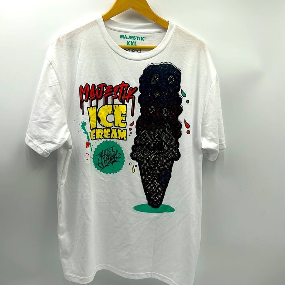MAJESTIK ICE CREAM DRIP RHINESTONE MENS SIZE XXL GRAPHIC PRINT WHITE T-SHIRT